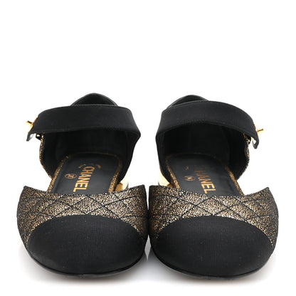 Chanel Laminated Suede Kidskin Grosgrain Quilted Cap Toe Ballerina Flats 37.5 Gold Black 3 of 10
