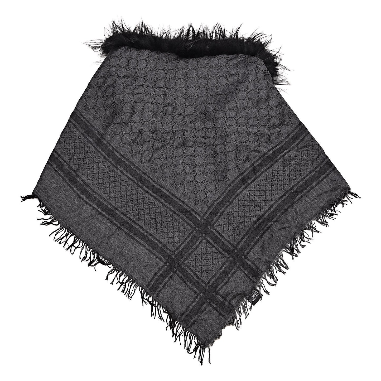 Wool Silk Fox Fur Monogram Shawl Scarf Black