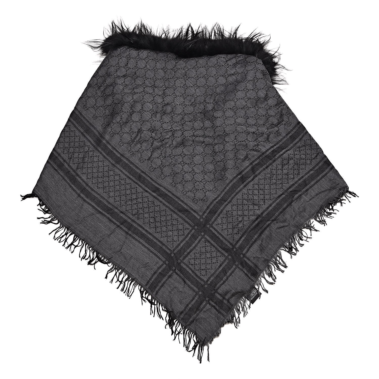 Gucci Wool Silk Fox Fur Monogram Shawl Scarf Black 3 of 5
