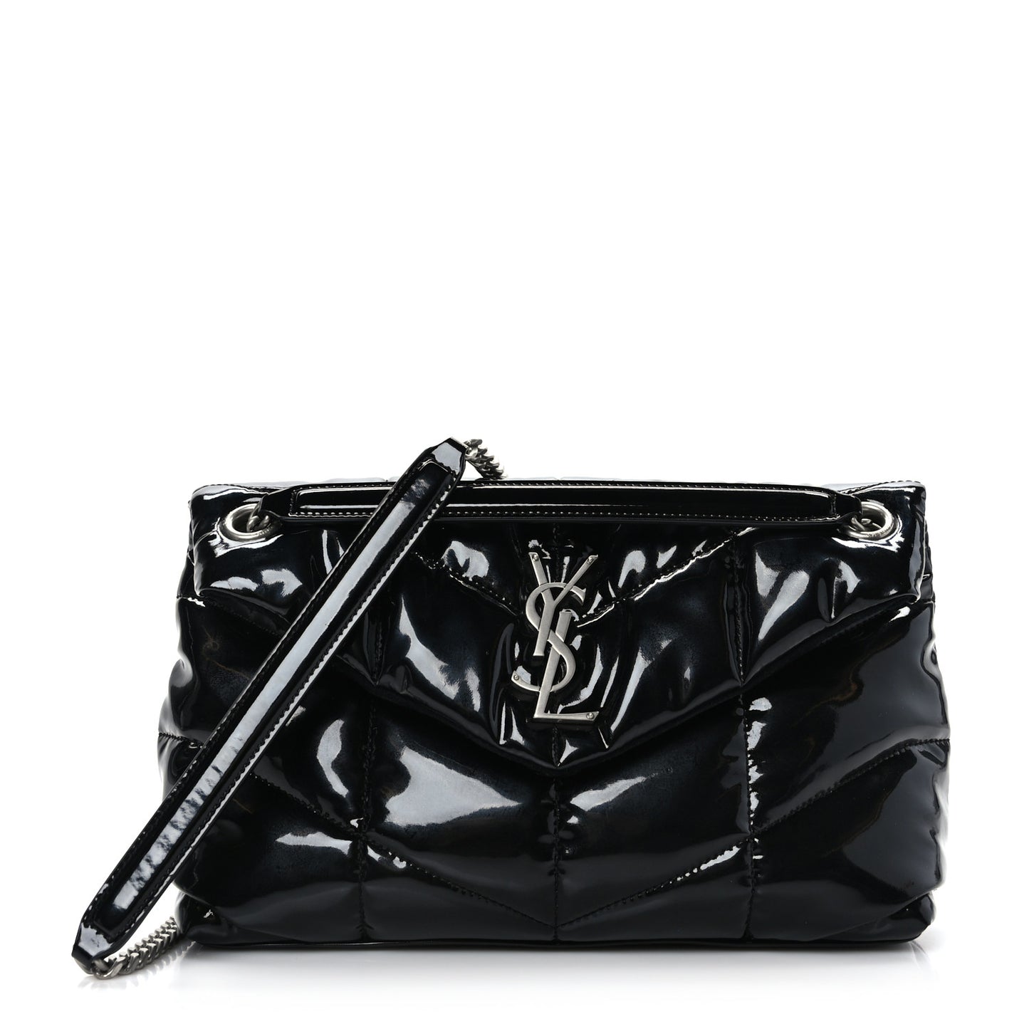 Patent Lambskin Quilted Small Loulou Puffer Monogram Chain Satchel Black