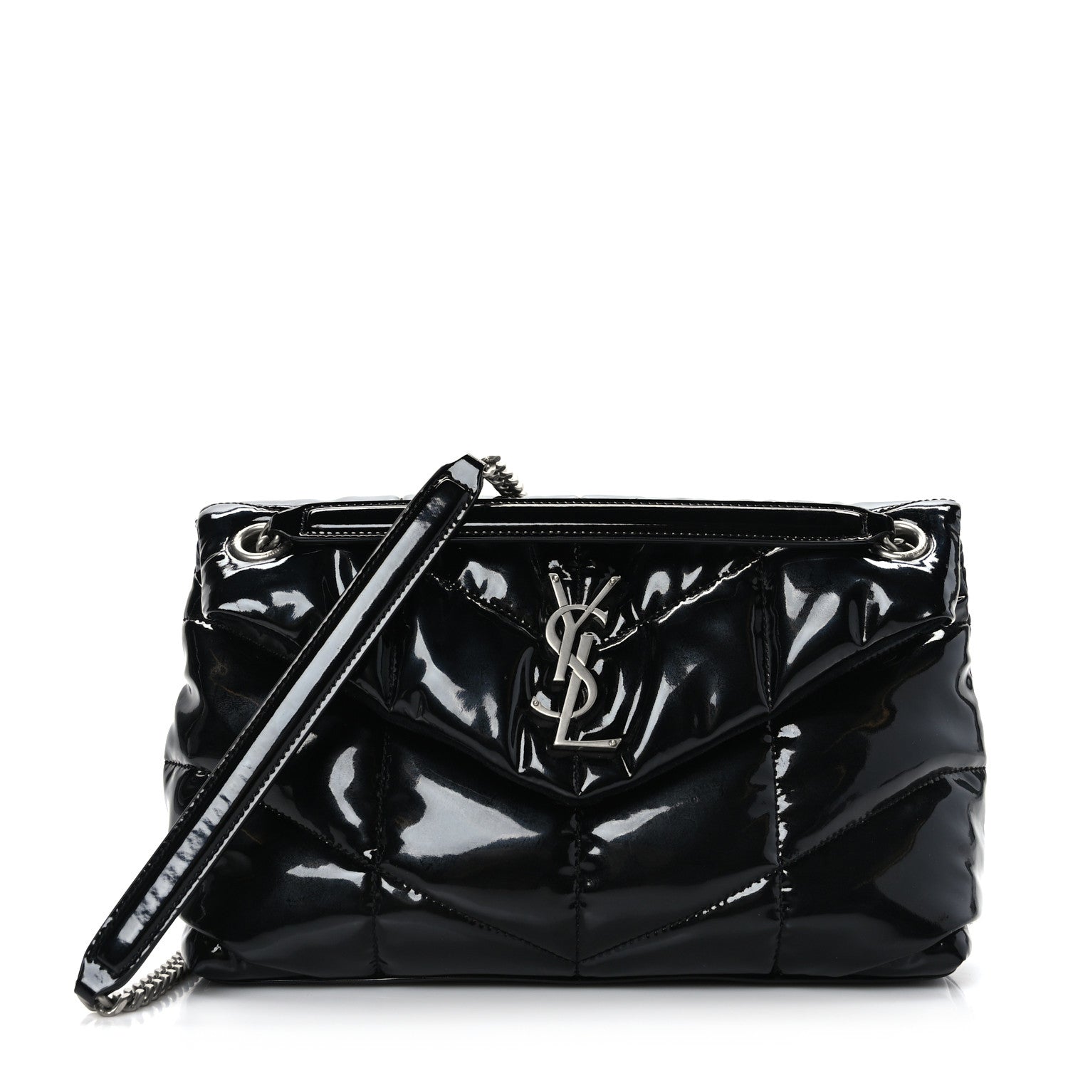 Saint Laurent Patent Lambskin Quilted Small Loulou Puffer Monogram Chain Satchel Black 1 of 9