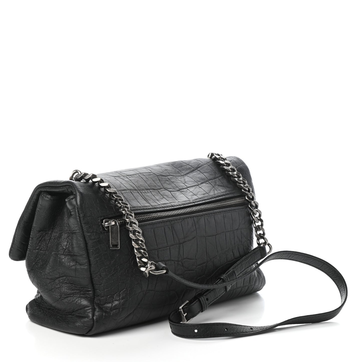 Calfskin Crocodile Embossed Medium West Hollywood Monogram Fold-Over Black