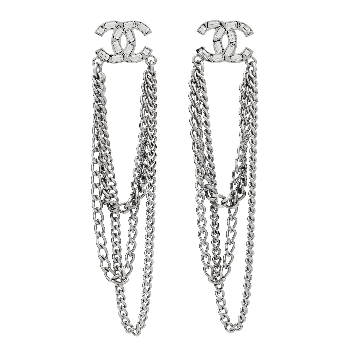 Chanel Crystal Baguette CC Chain Drop Earrings Silver 1 of 4
