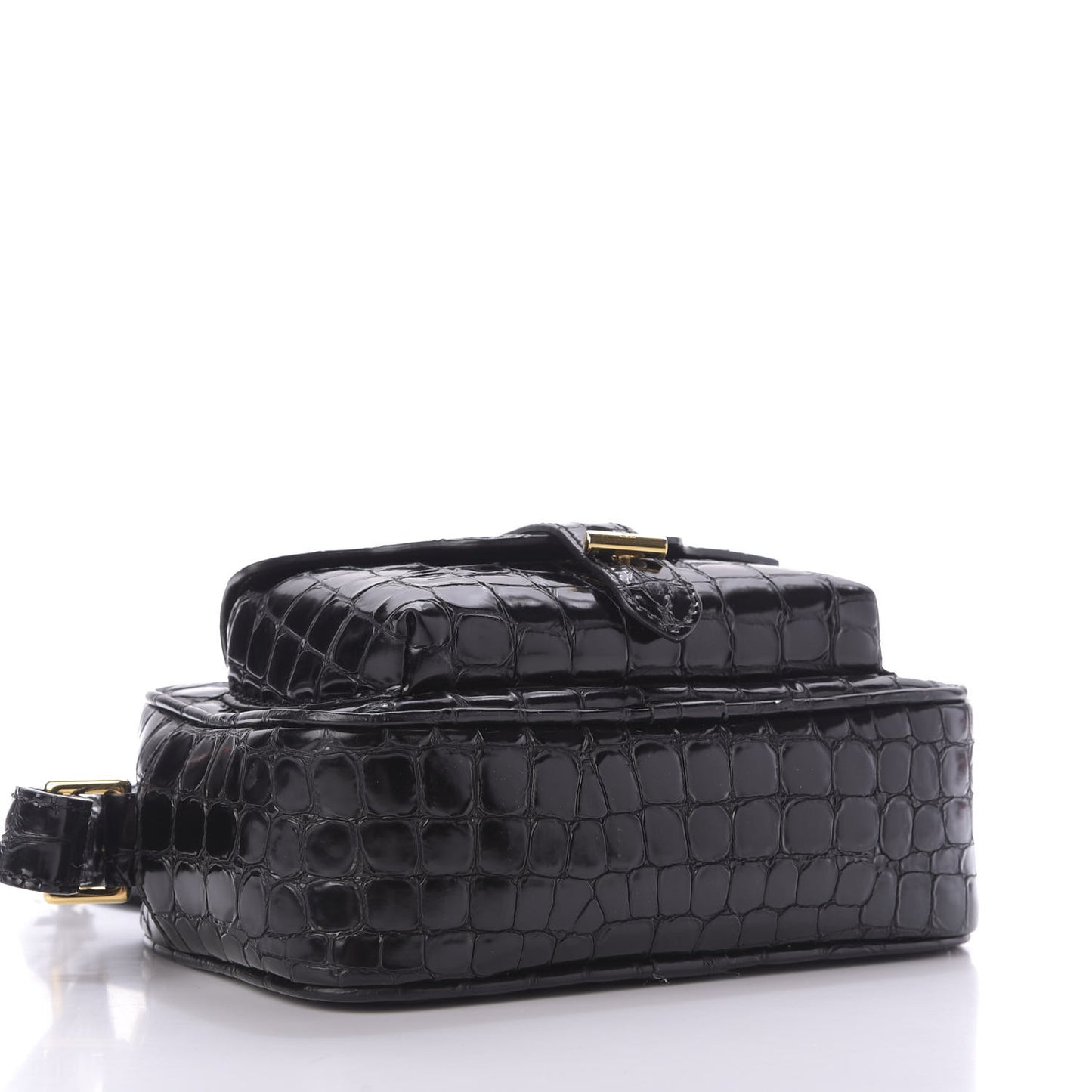 Crocodile Embossed Calfskin T Twist Camera Bag Black