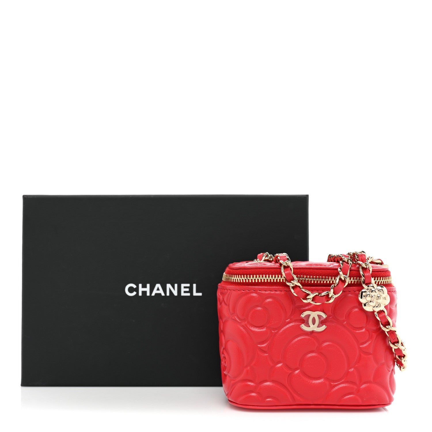 Chanel Lambskin Camellia Embossed Mini Vanity Case With Chain Red 11 of 11