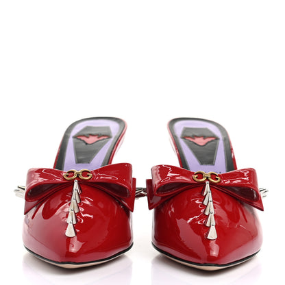 Gucci Patent GG Bow Sadie Spike Mid Heel Mules 38 Hibiscus Red 2 of 8