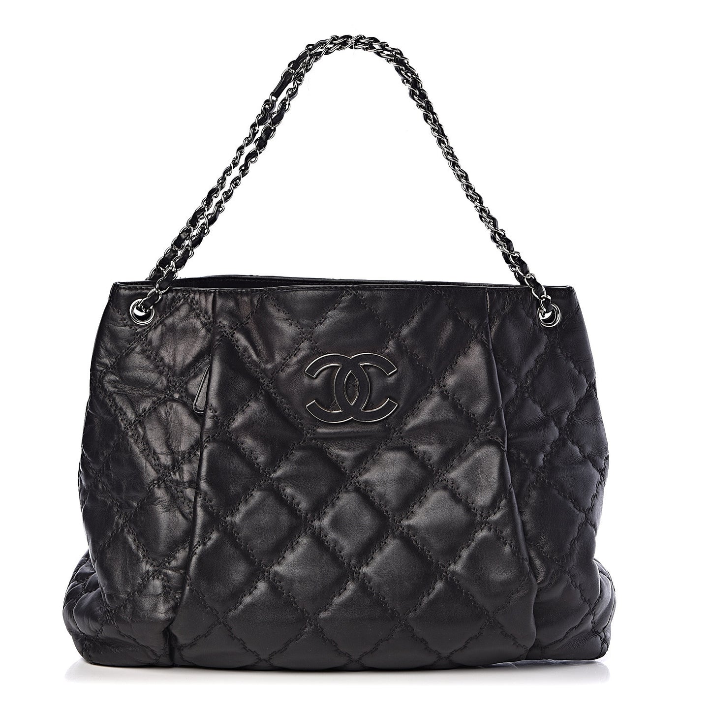 Calfskin Double Stitch Large Hamptons Shopping Tote Black