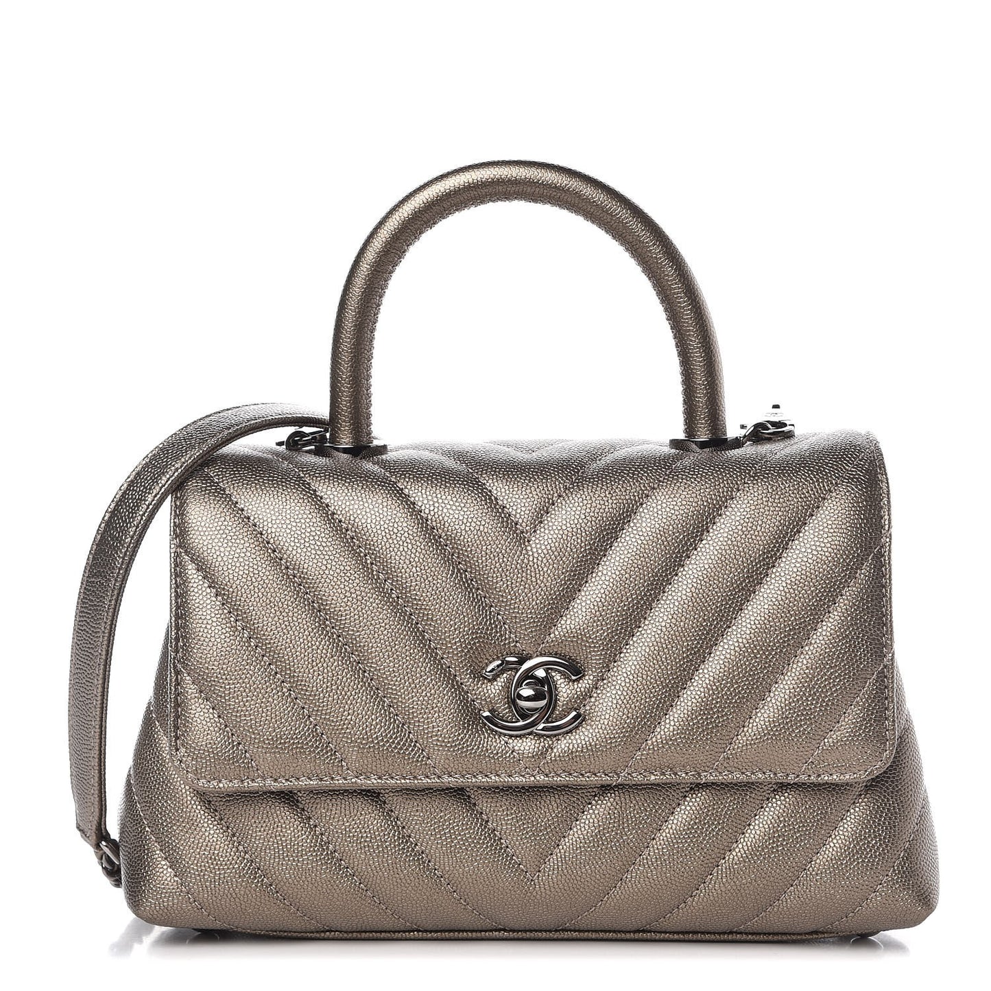 Metallic Caviar Chevron Quilted Mini Coco Handle Flap Light Gold