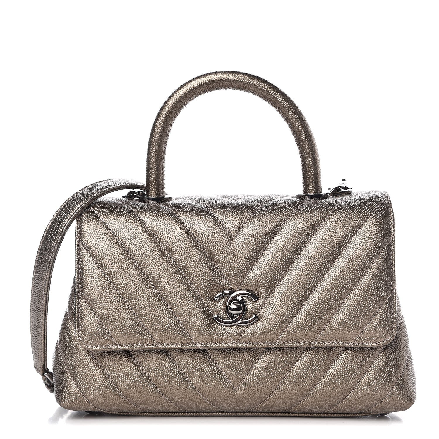 Chanel Metallic Caviar Chevron Quilted Mini Coco Handle Flap Light Gold 1 of 7
