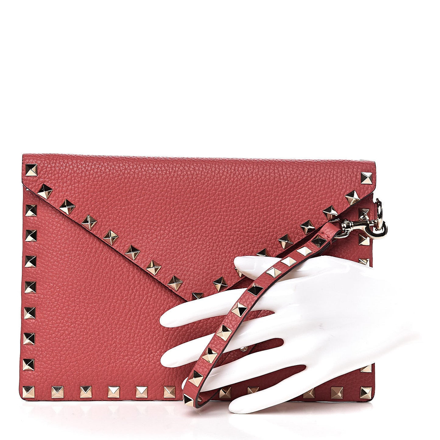 Pebbled Calfskin Medium Rockstud Envelope Flat Wristlet Pouch Red