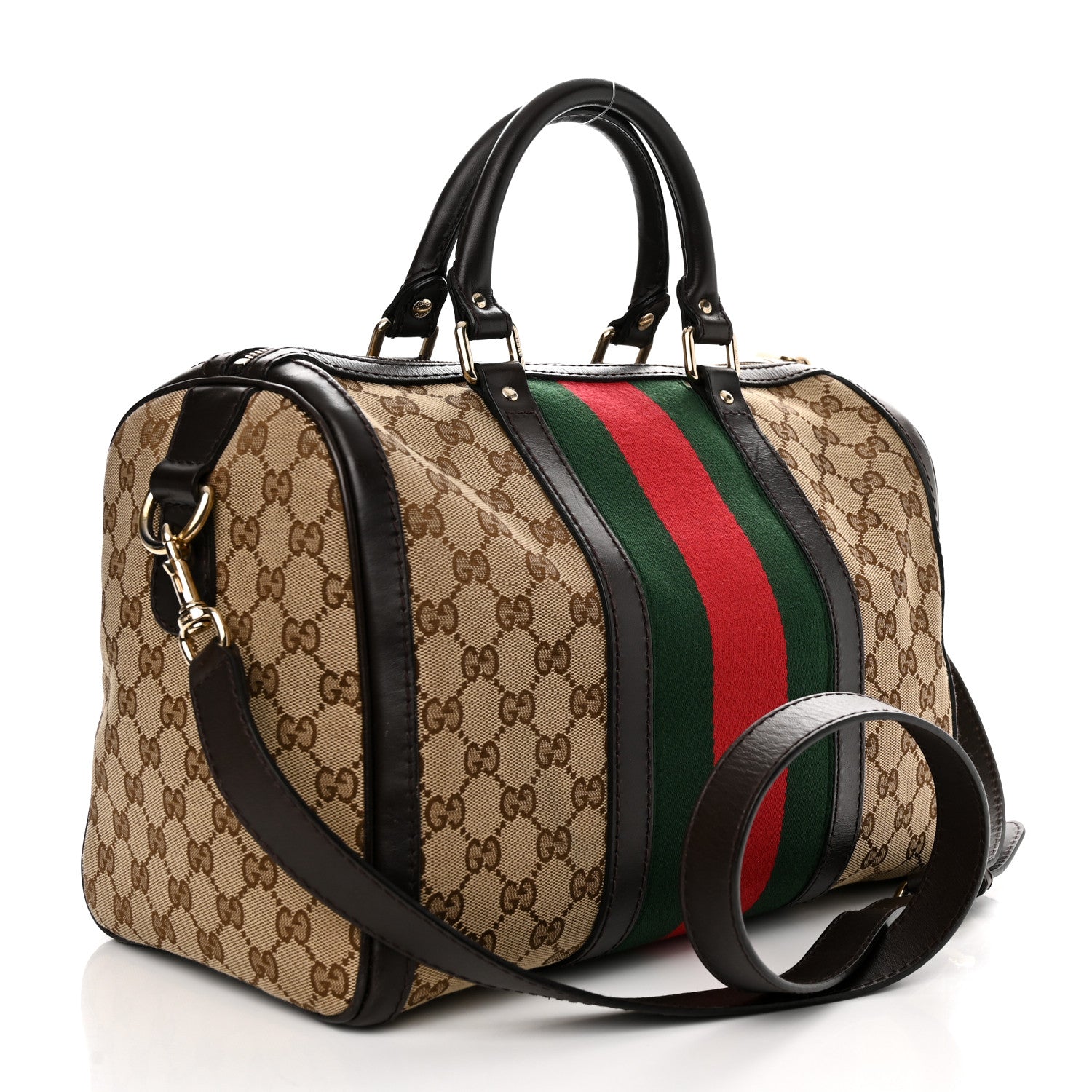 Gucci Monogram Selleria Calfskin Vintage Web Medium Boston Beige Ebony Cocoa 2 of 21