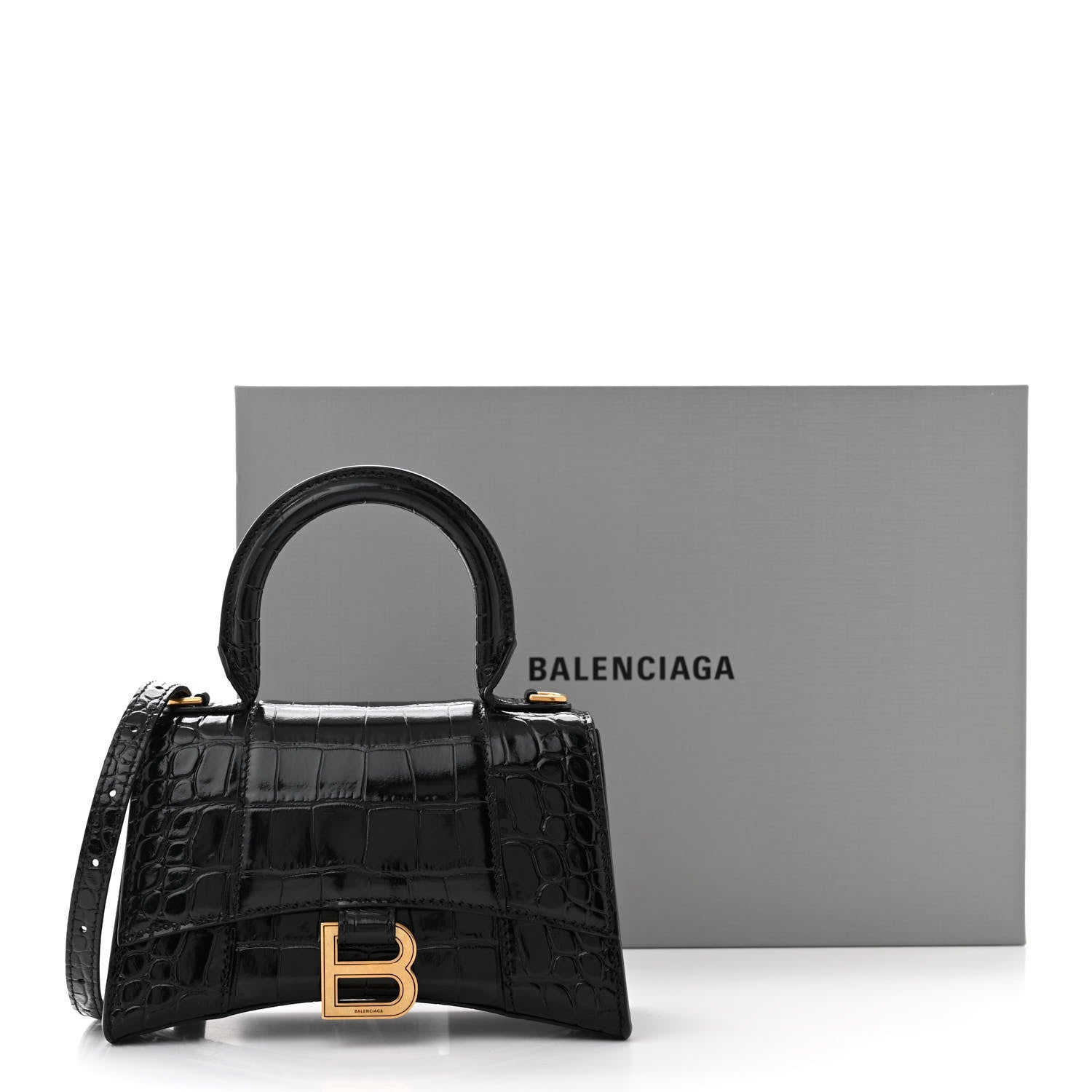 Balenciaga Shiny Calfskin Crocodile Embossed Hourglass Top Handle Bag XS Black 12 of 12