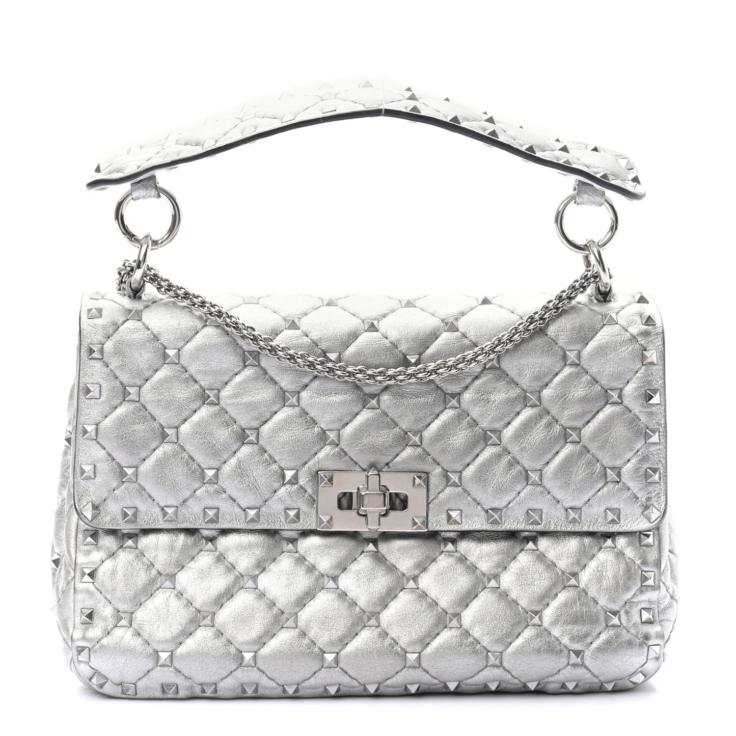Metallic Nappa Medium Rockstud Spike Shoulder Bag Silver