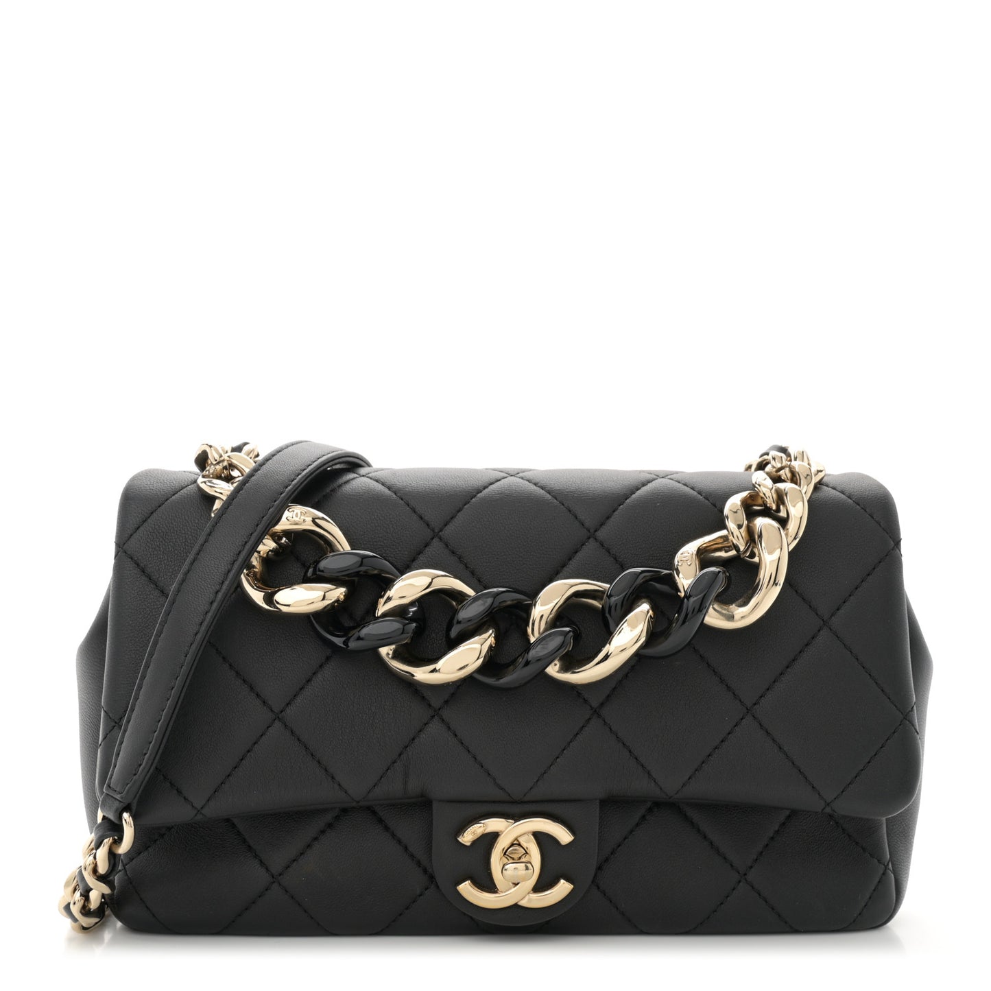Lambskin Quilted Resin Bi-Color Chain Flap Bag Black