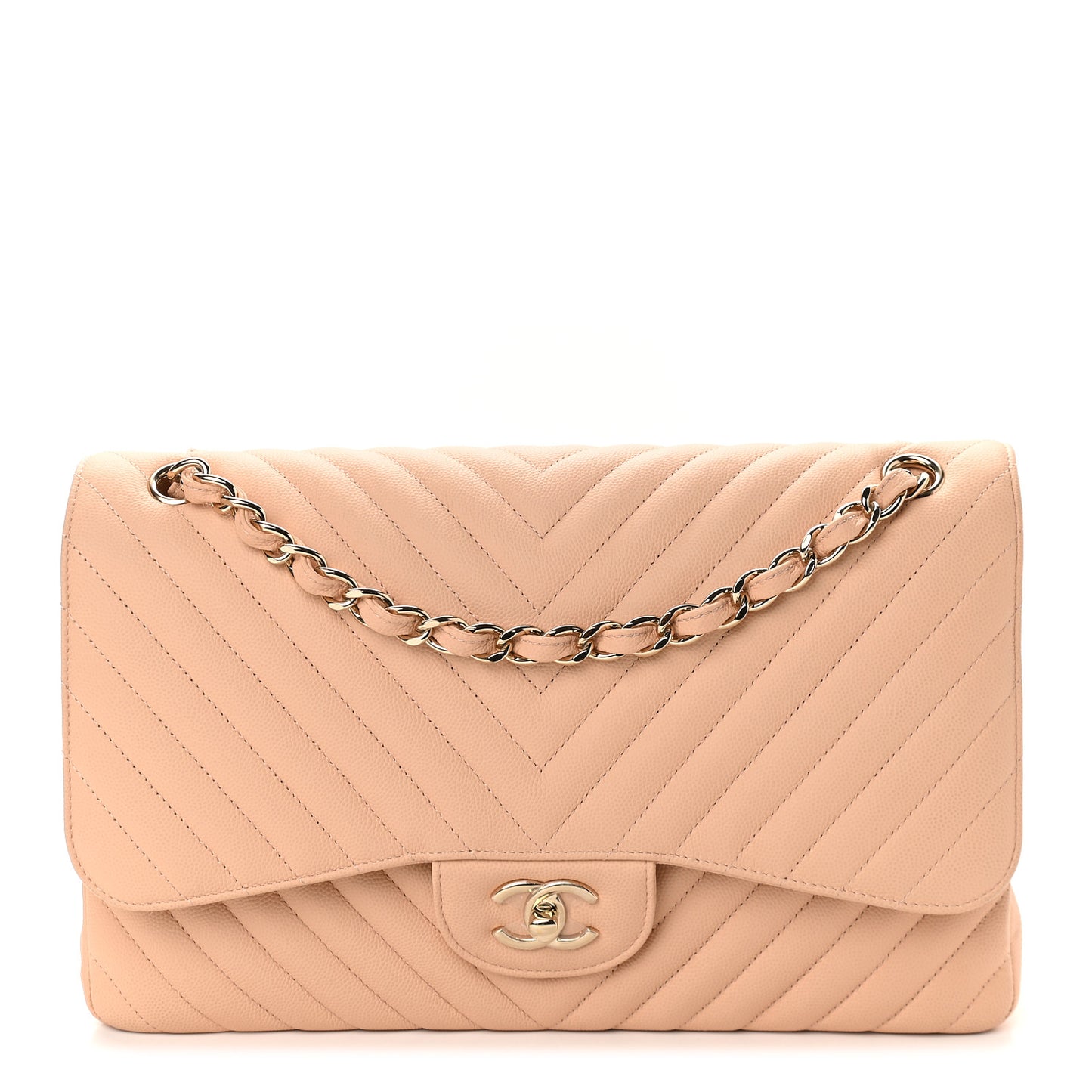 Caviar Chevron Quilted Jumbo Double Flap Beige