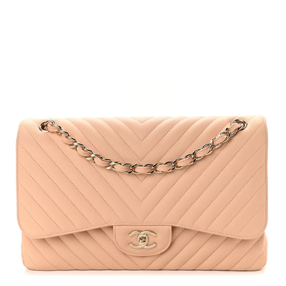 Chanel Caviar Chevron Quilted Jumbo Double Flap Beige 1 of 9