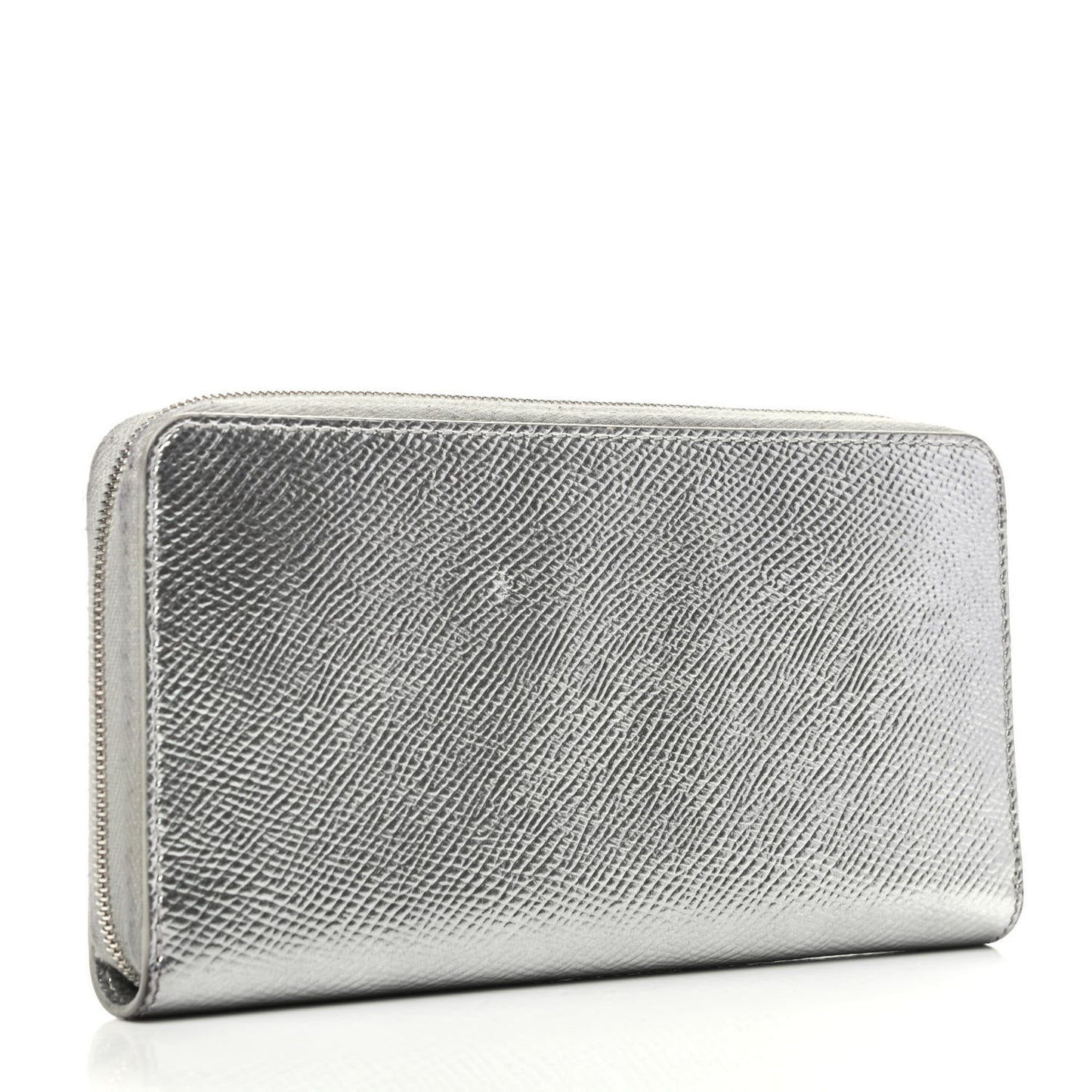 Laminated Grained Calfskin Large Zip Around Multifunction Wallet Silver