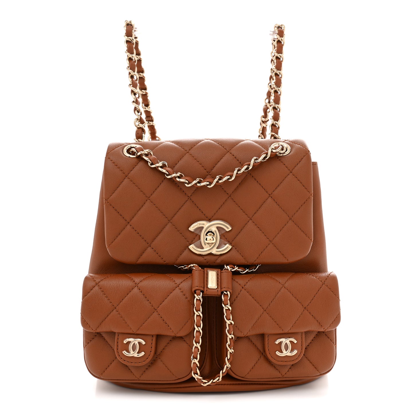Calfskin Quilted Medium Duma Pockets Drawstring Backpack Light Brown