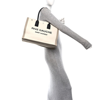 Saint Laurent Linen Calfskin Small Rive Gauche Tote Greggio Natural 2 of 10
