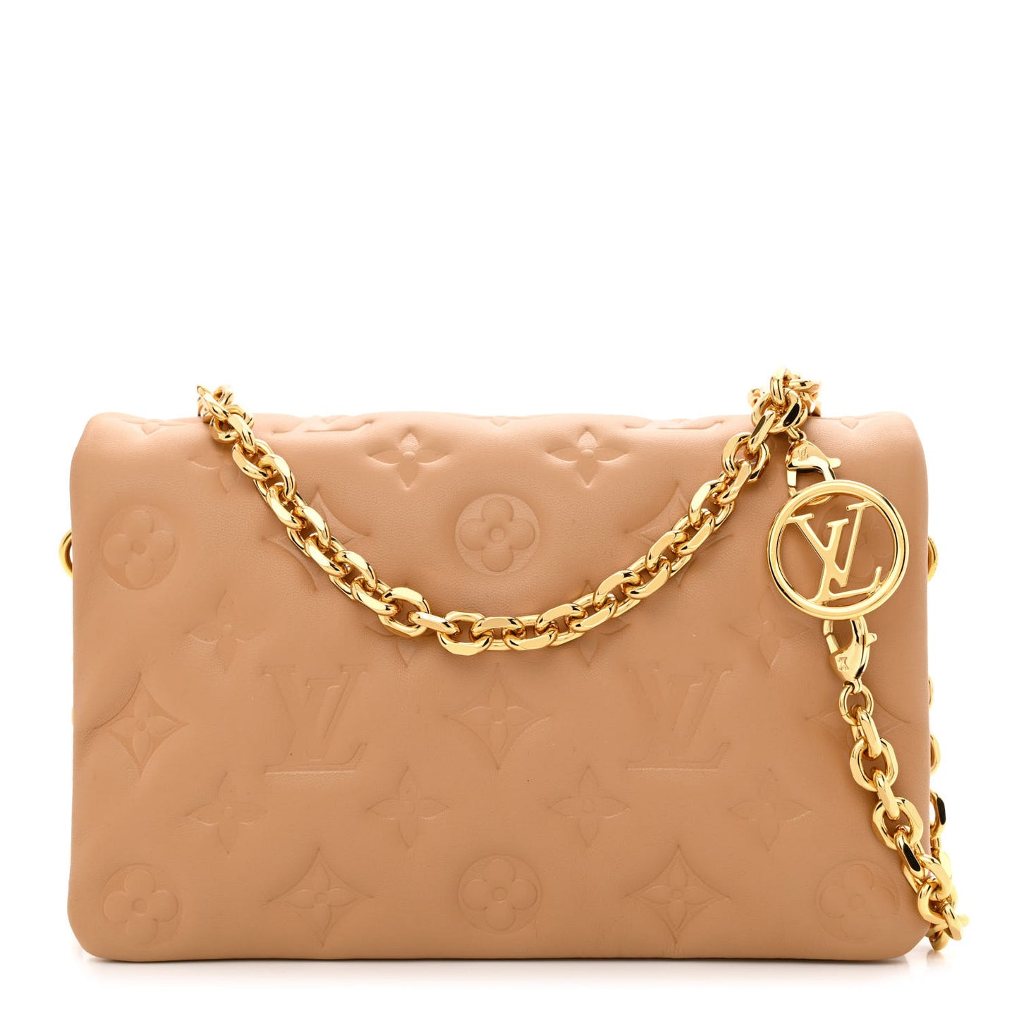 Lambskin Embossed Monogram Pochette Coussin Camel