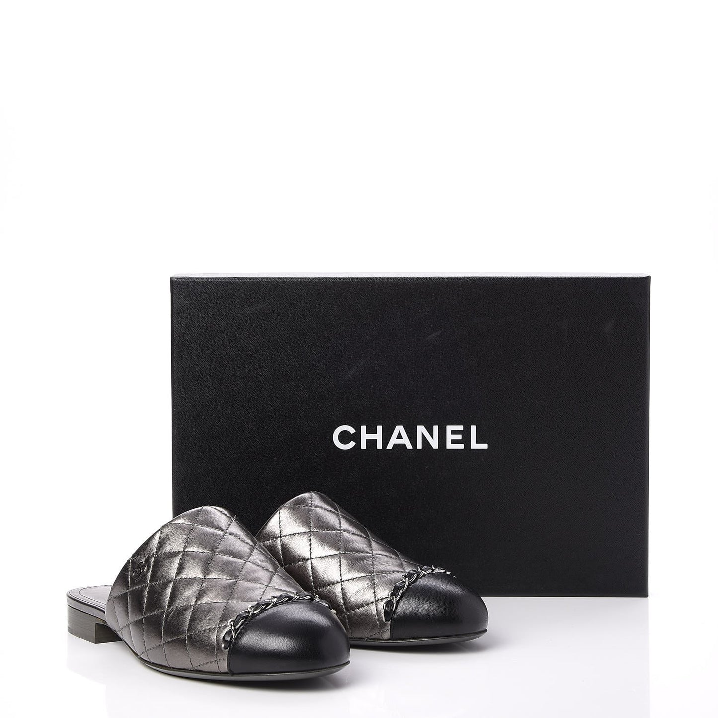 Iridescent Lambskin Quilted CC Chain Mules 37.5 Silver Black