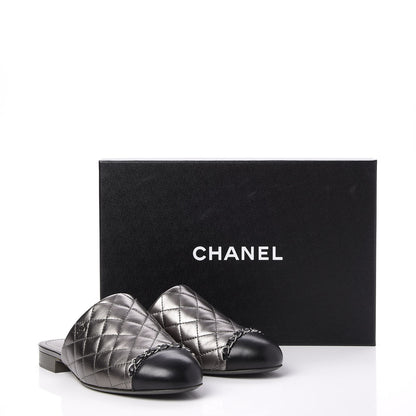 Chanel Iridescent Lambskin Quilted CC Chain Mules 37.5 Silver Black 10 of 10
