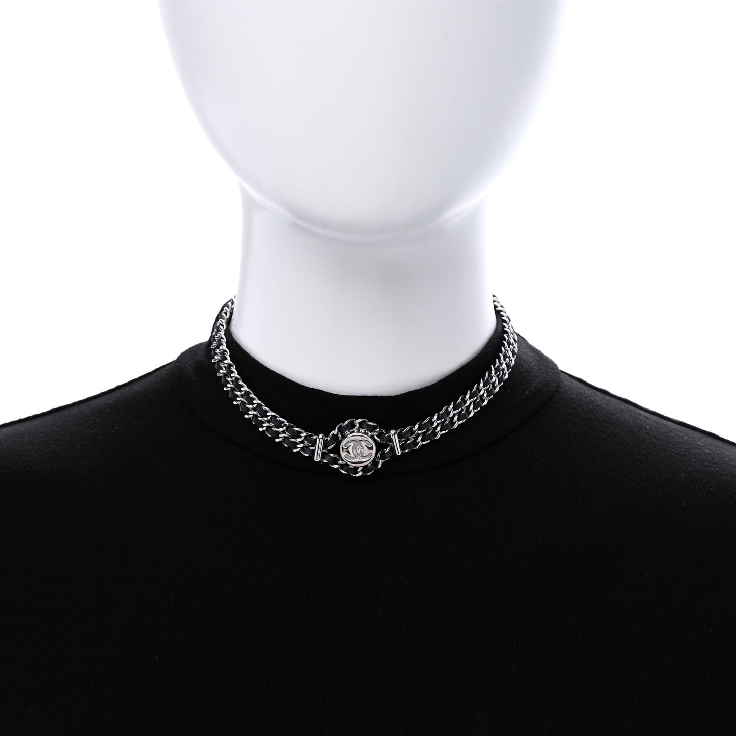 Lambskin CC Chain Choker Necklace Silver Black Silver Black