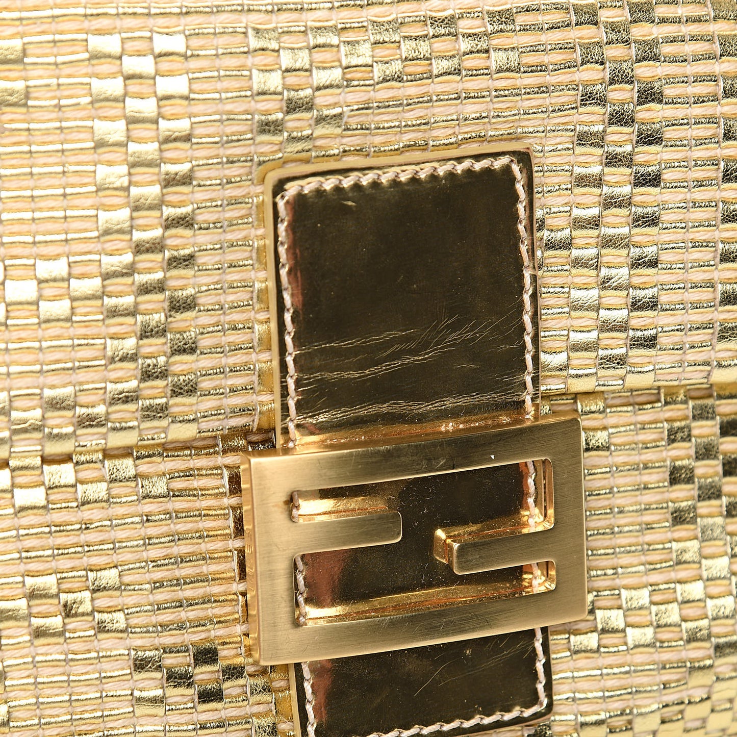 Canvas Metallic Calfskin Woven FF Baguette Gold