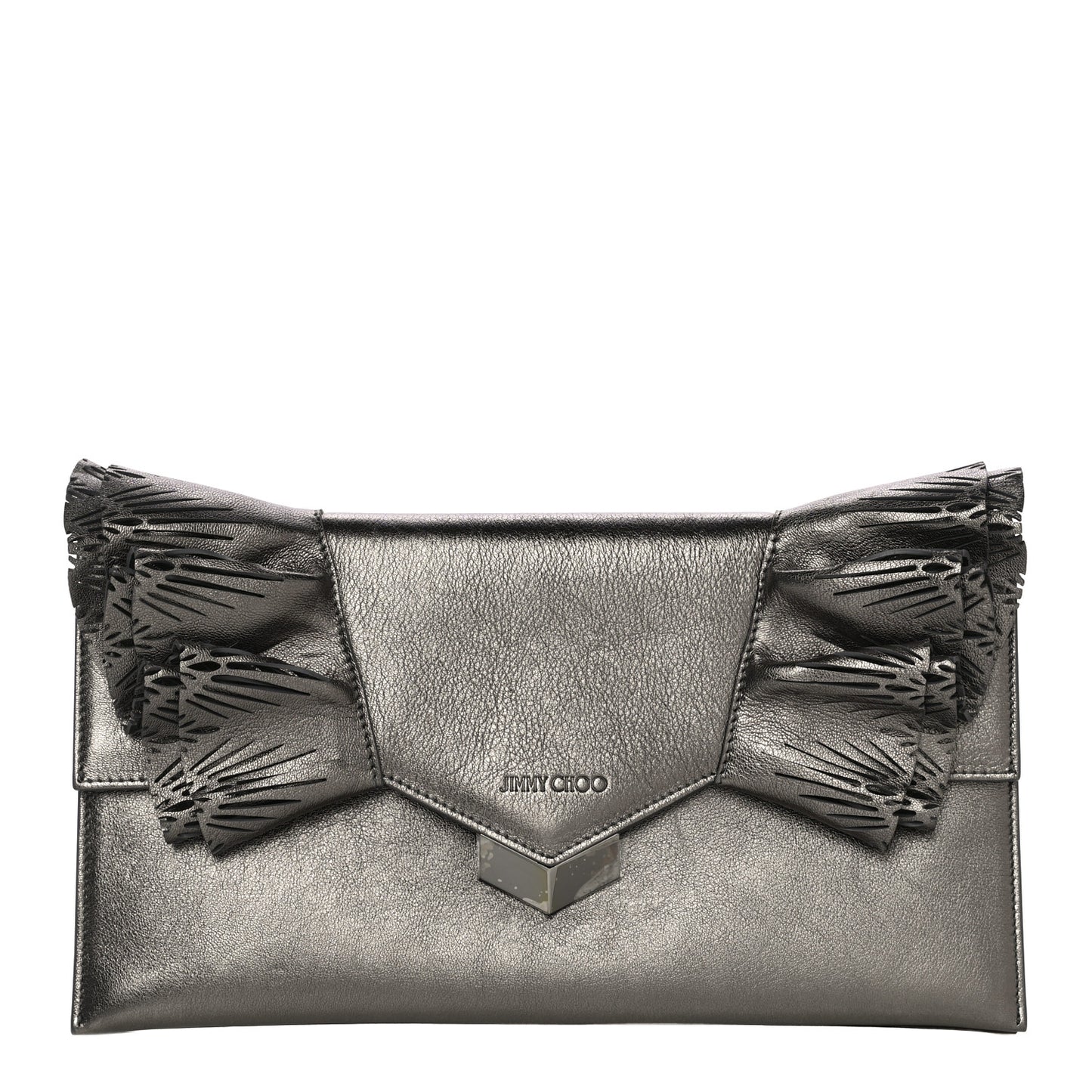 Calfskin Laser Cut Ruffled Isabella Clutch Gray