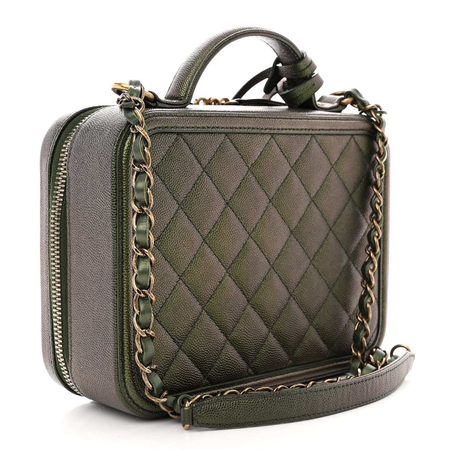 Iridescent Caviar Quilted Medium CC Filigree Vanity Case Green