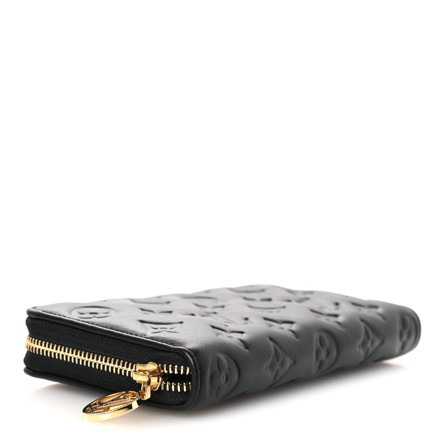 Lambskin Embossed Monogram Coussin Zippy Wallet Black