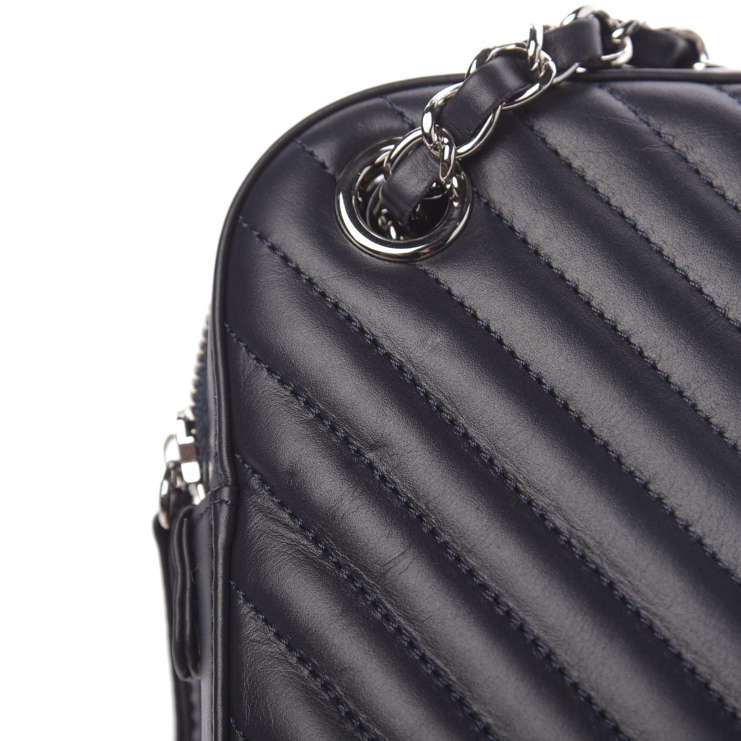 Calfskin Chevron Quilted Double Camera Bag With Flap Black