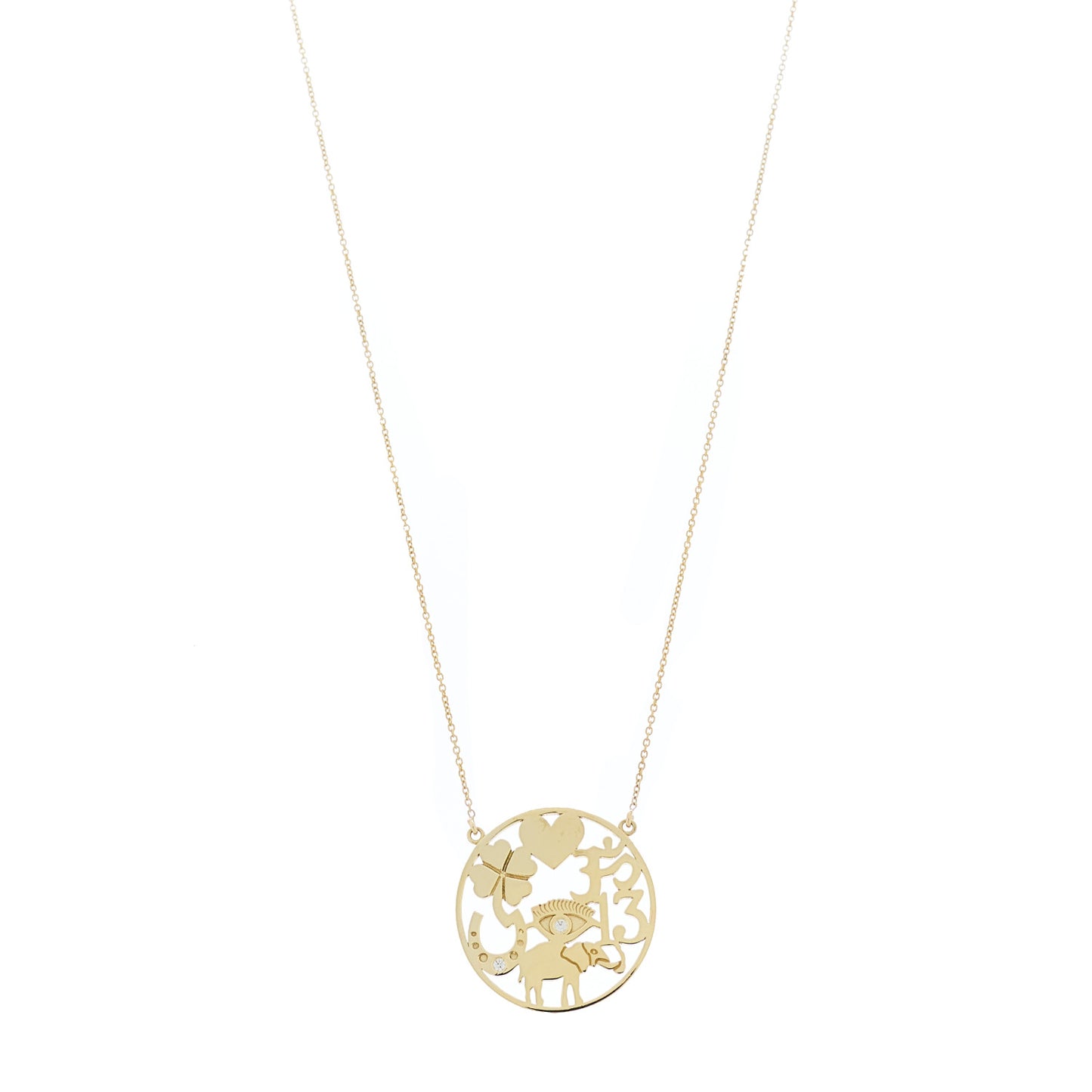 18K Yellow Gold Diamond Open Good Luck Pendant Necklace