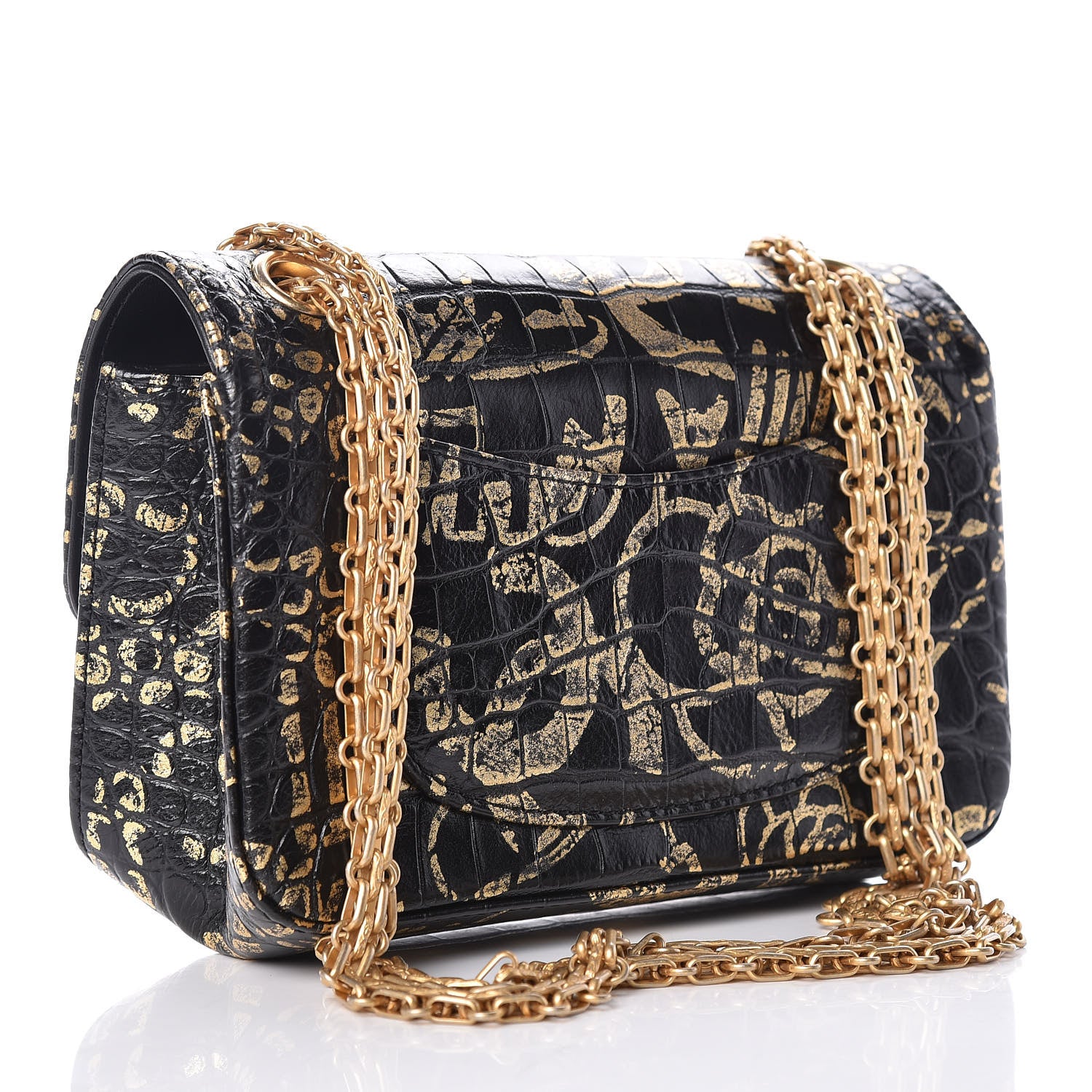 Chanel Calfskin Crocodile Embossed Graffiti 2.55 Mini Cocodile Reissue Flap Black Gold 3 of 10