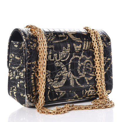 Chanel Calfskin Crocodile Embossed Graffiti 2.55 Mini Cocodile Reissue Flap Black Gold 3 of 10