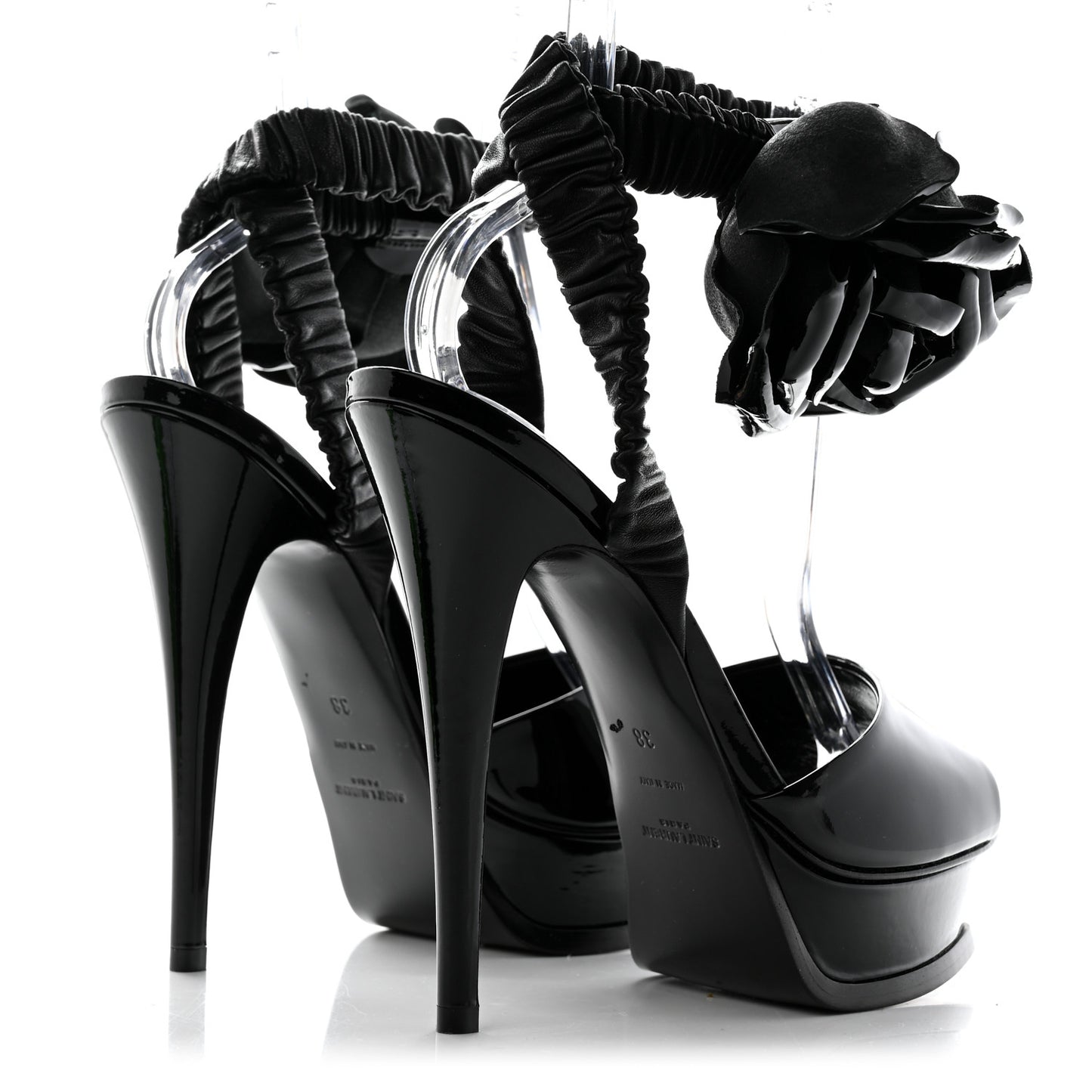 Patent Flower Ankle Strap Platform Pumps 38 Black