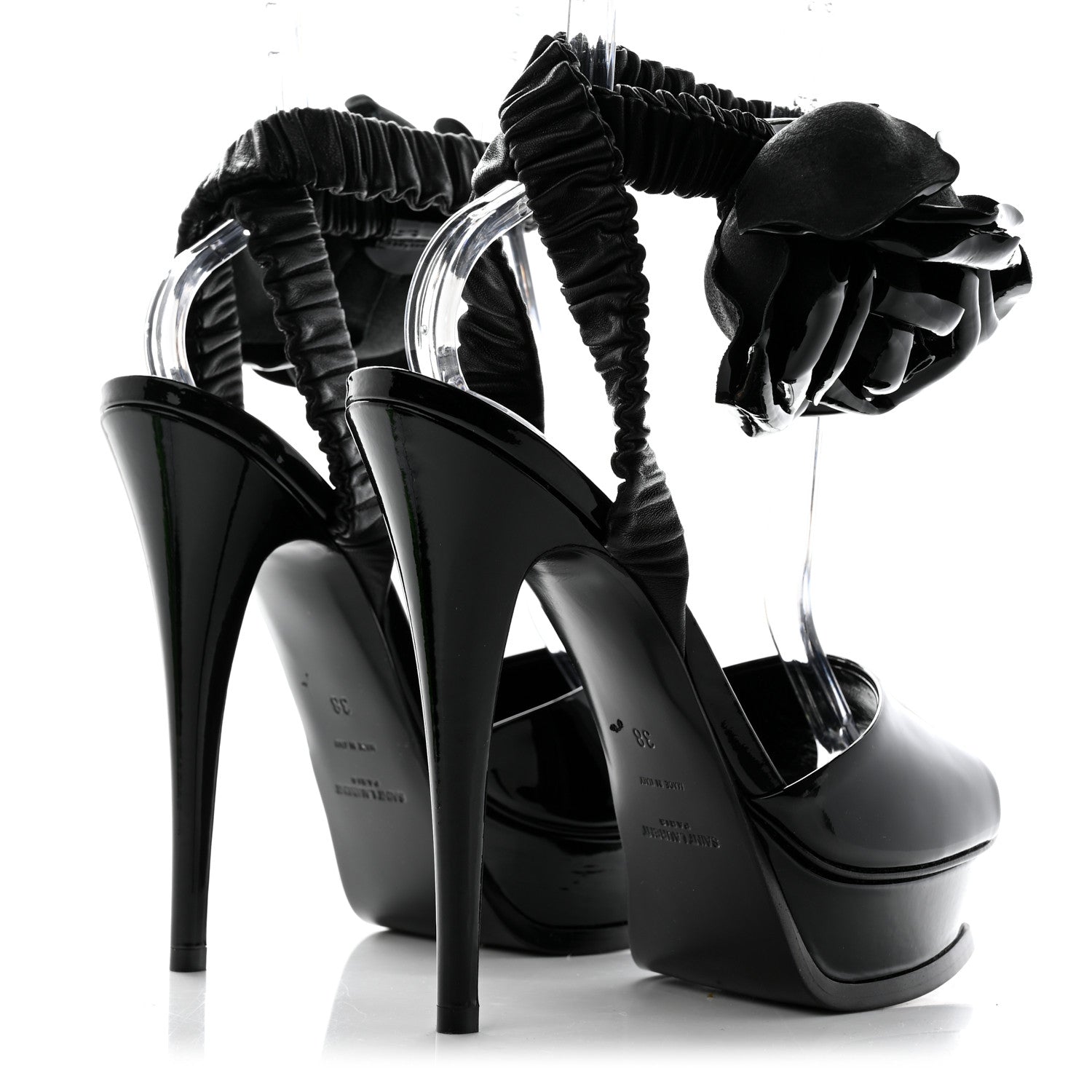 Saint Laurent Patent Flower Ankle Strap Platform Pumps 38 Black 4 of 11