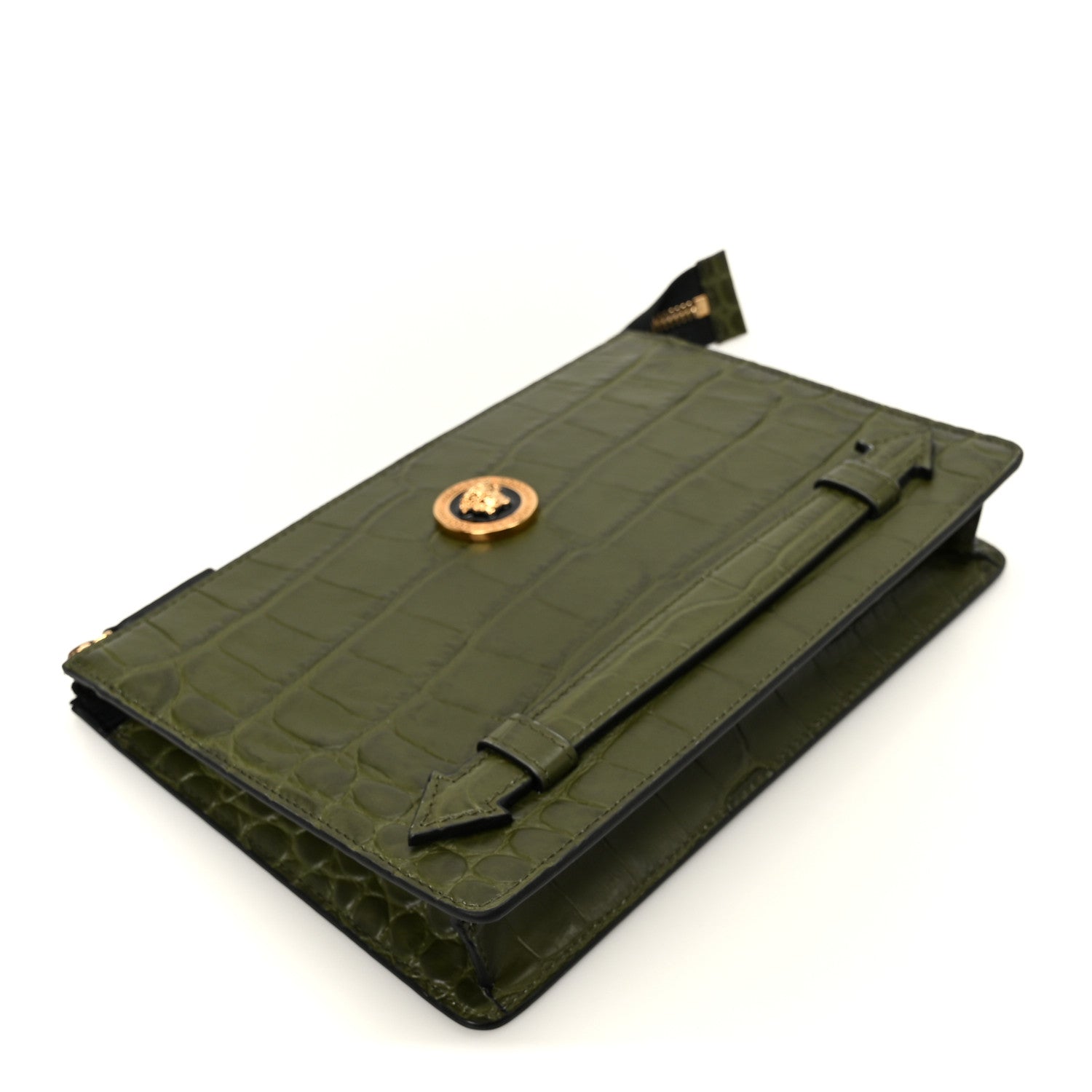 Versace Calfskin Crocodile Embossed La Medusa Pouch Dark Olive 4 of 7