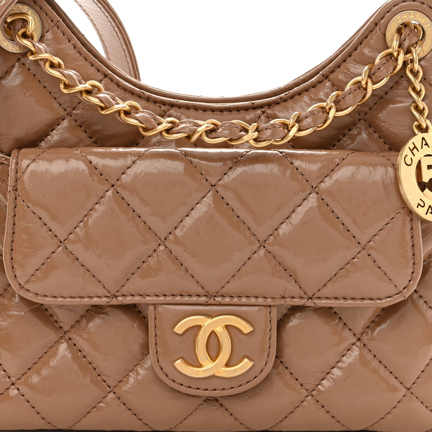 Chanel Shiny Crumpled Calfskin Quilted Small Wavy CC Hobo Dark Beige 8 of 10