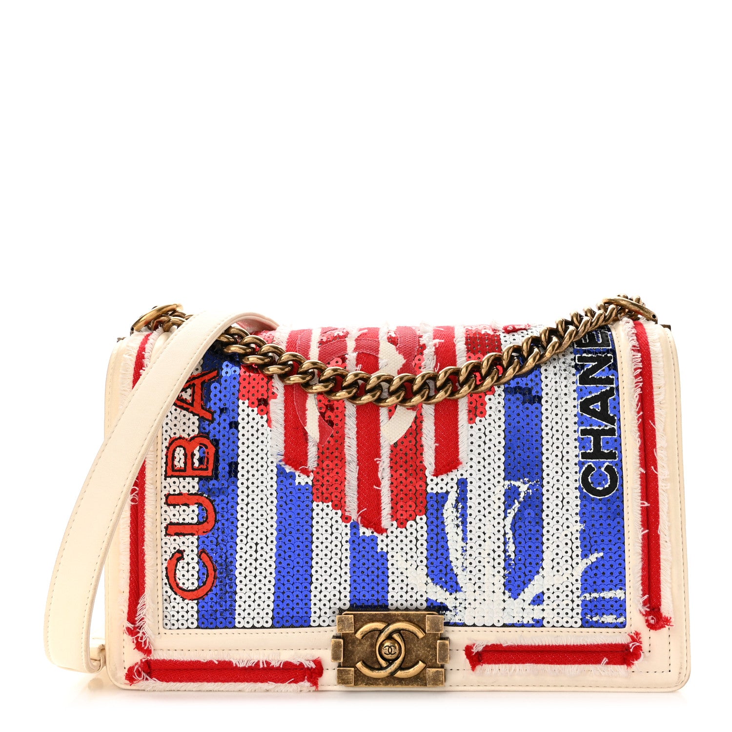 CHANEL Sequin Canvas New Medium Cuba Boy Flap White Blue Red