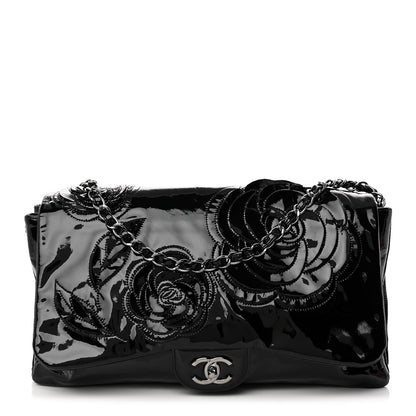 Chanel Patent Tweed Maxi Camellia Petals Flap Black 1 of 12