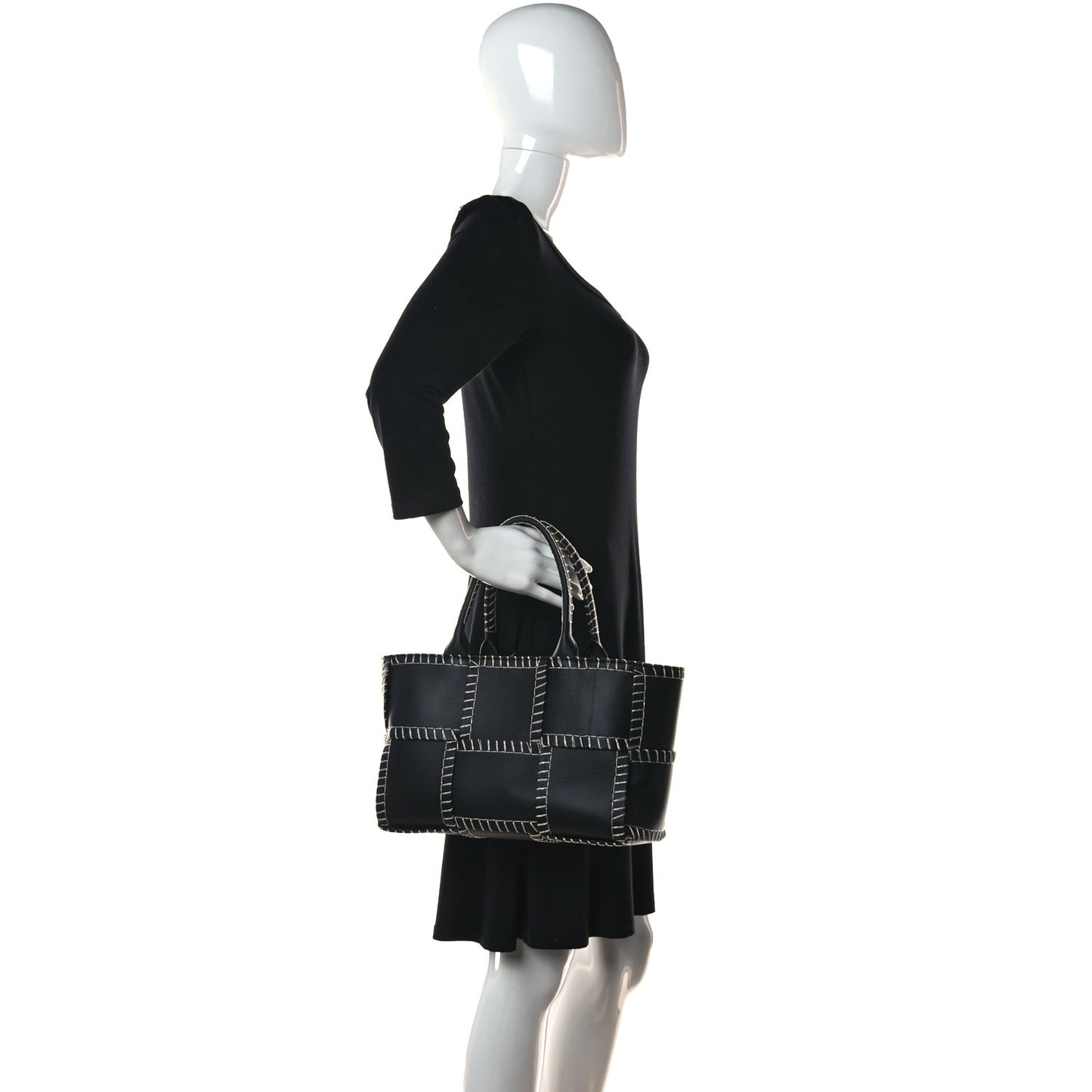 Nappa Maxi Intrecciato Overlock Stitched Small Arco Tote Black Silver