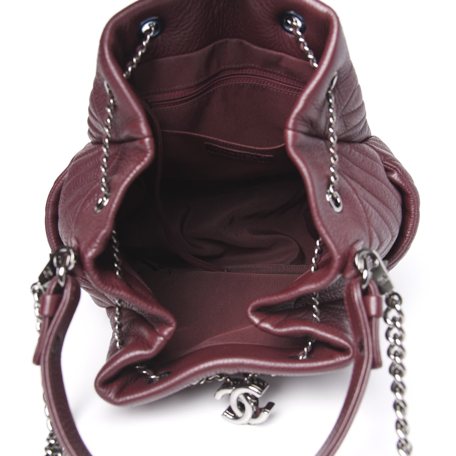 Chanel Deerskin Chevron Medium CC Chain Bucket Drawstring Bag Burgundy 4 of 8