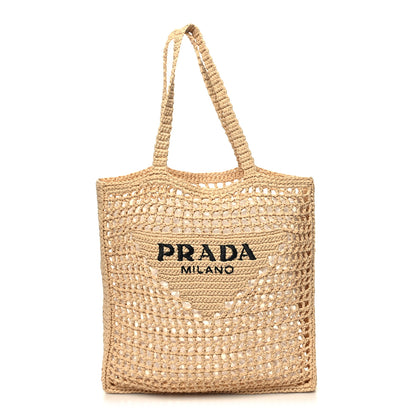 Prada Yarn Raffia Effect Crochet Logo Embroidered Tote Bag Naturale 1 of 9