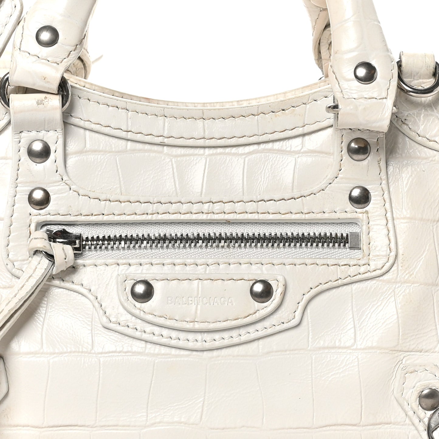 Semi Shiny Calfskin Crocodile Embossed Neo Classic Silver Hardware Mini City White
