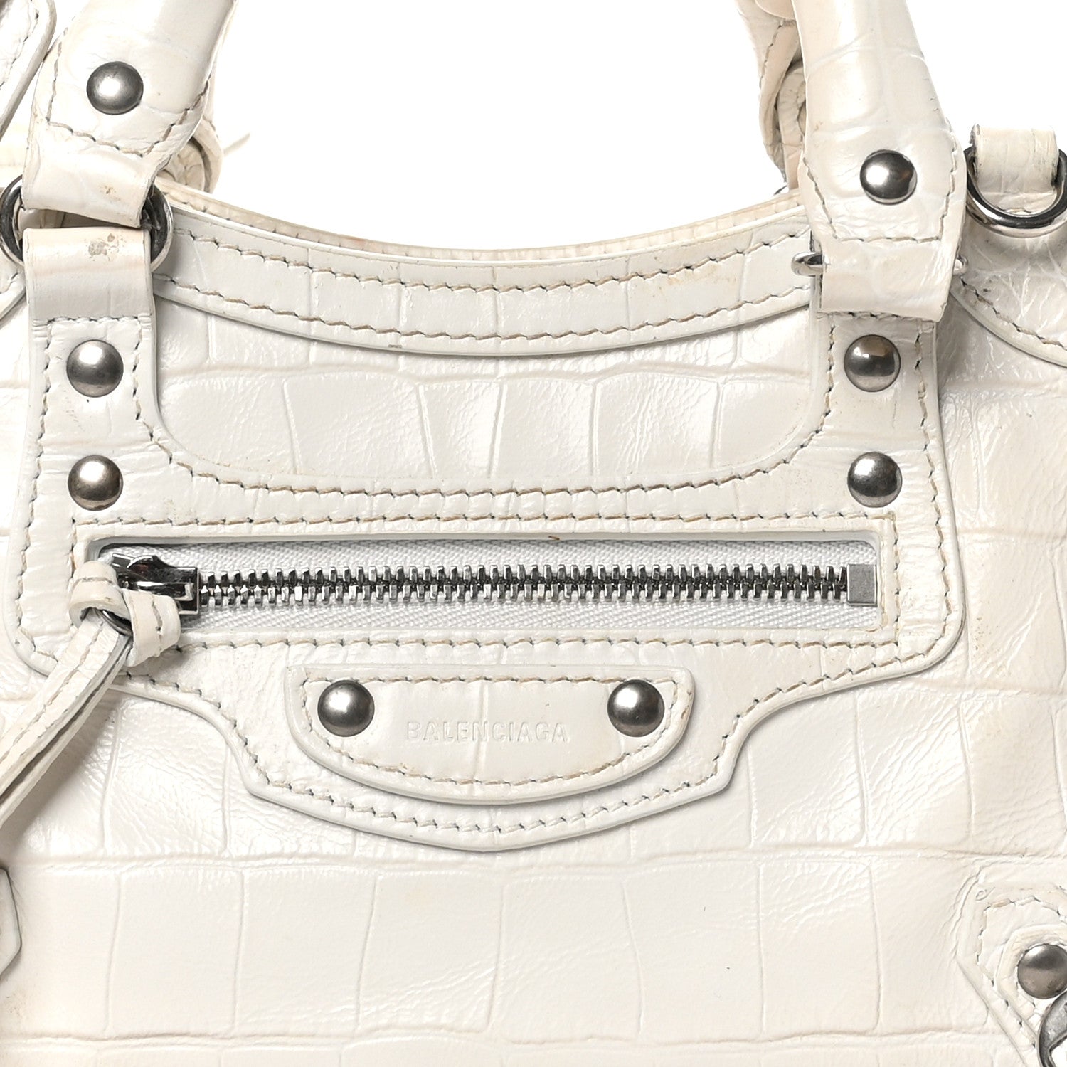 Balenciaga Semi Shiny Calfskin Crocodile Embossed Neo Classic Silver Hardware Mini City White 8 of 12