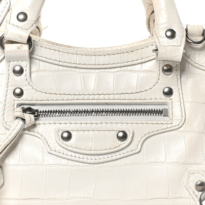 Balenciaga Semi Shiny Calfskin Crocodile Embossed Neo Classic Silver Hardware Mini City White 8 of 12