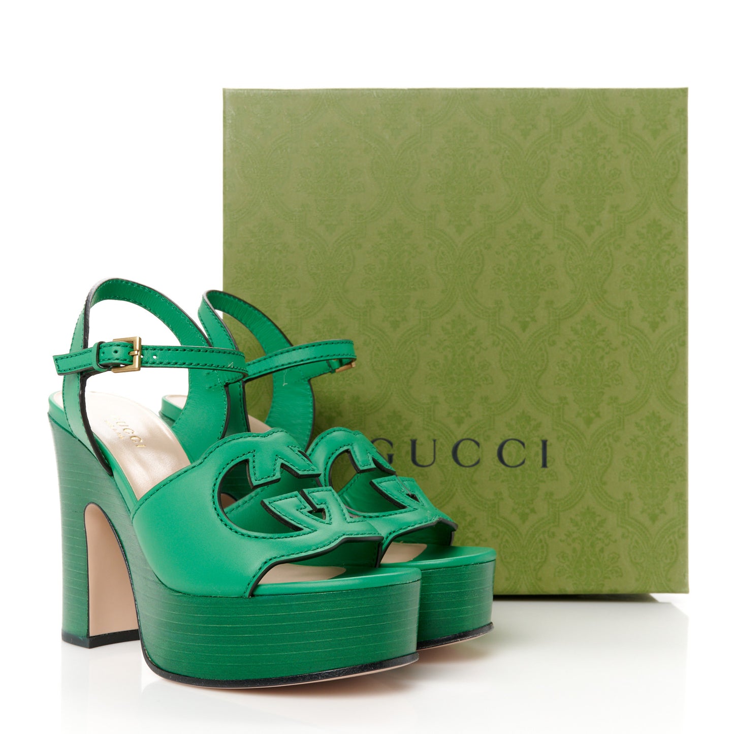 Cosmos Softy Calfskin Wooden Interlocking G Cut-Out 30/120mm Platform Sandals 35 New Shamrock
