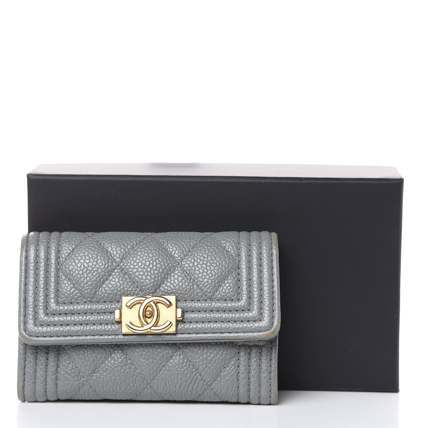 Caviar Quilted Boy Flap Card Holder Wallet Grey