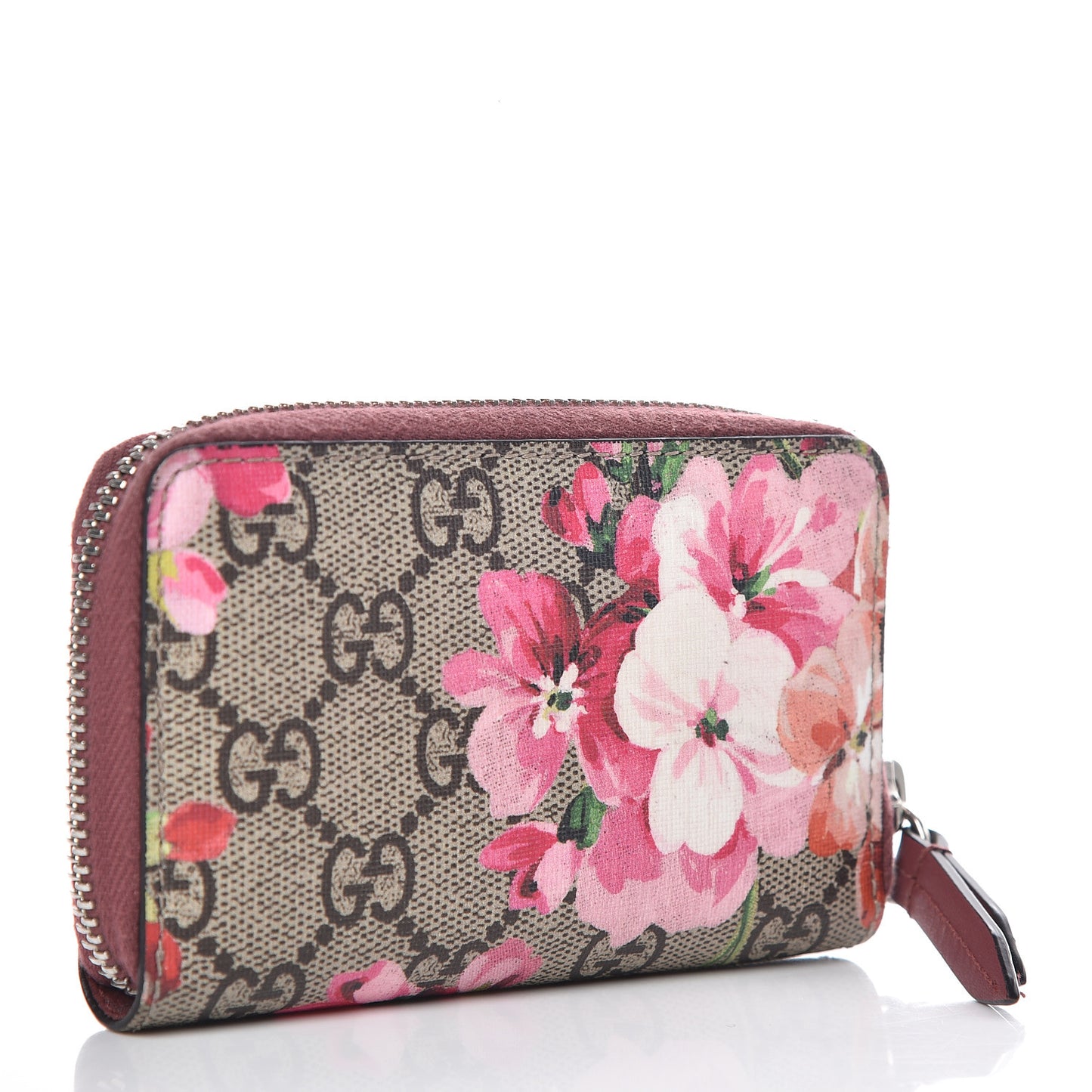GG Supreme Monogram Blooms Zip Around Card Case Wallet Beige Multicolor Dry Rose